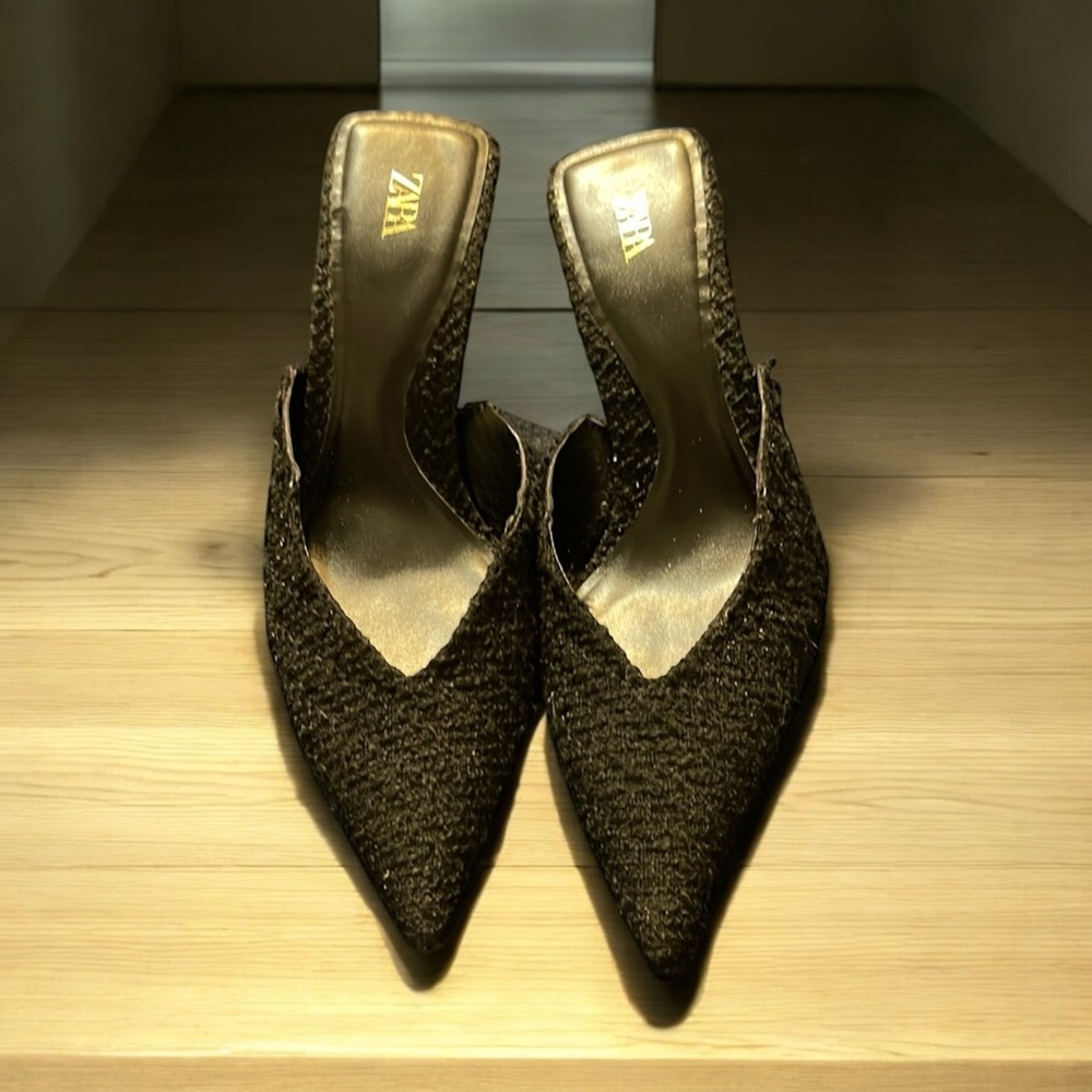 Zara Black Tweed Fabric Minimalist Pointed Toe  Heels Sz US 9 /39